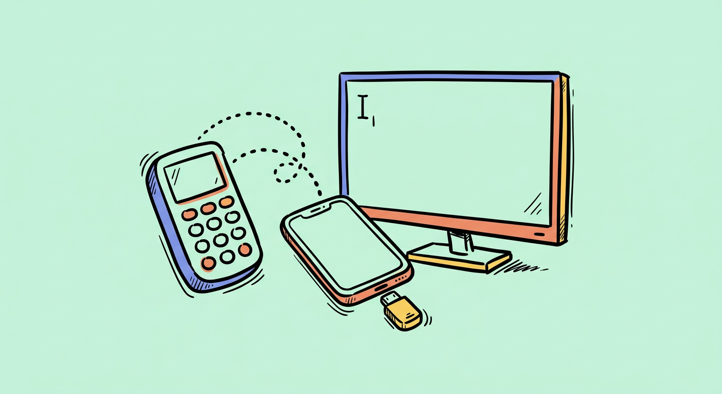 Drawn scene of a small T9 keypad gadget, an Android phone with a USB-C dongle plugged in, and a TV with a text cursor on its screen