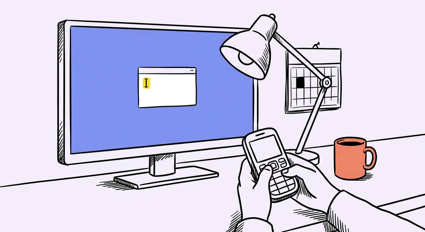 Drawn desk scene: hands holding a small T9 keypad in front of a TV, with a lamp, a wall calendar and a coffee mug